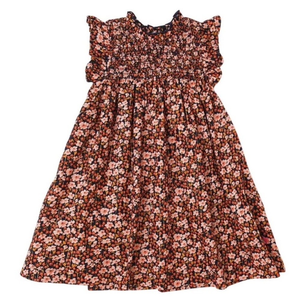 Pink Chicken Girl’s Stevie Floral Dress Size 4 Navy Blue Orange Smocked Cotton